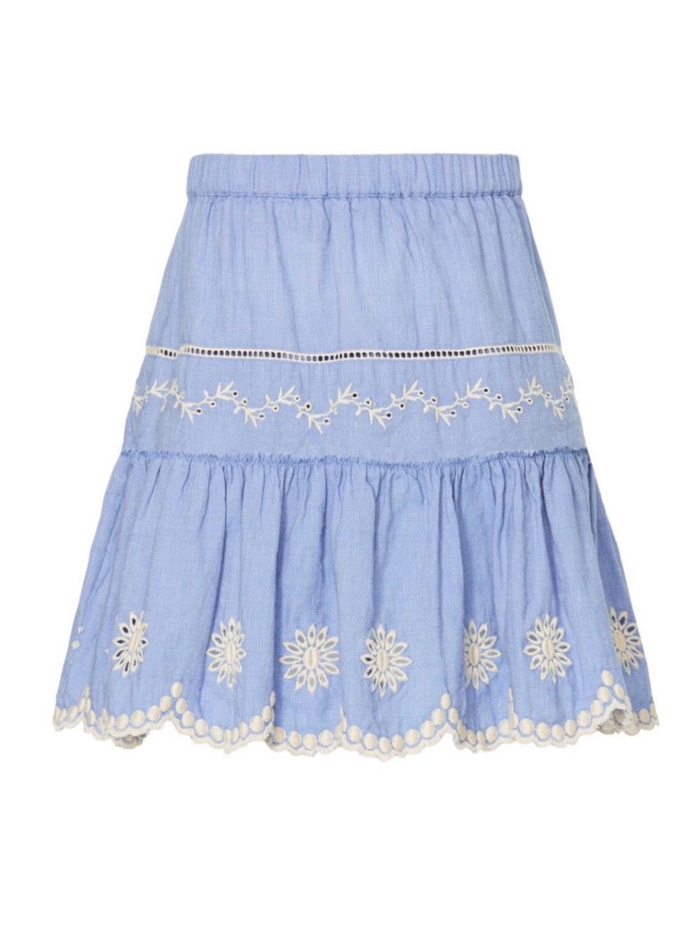 LoveShackFancy Cava Light Blue Embroidered Tiered Skirt